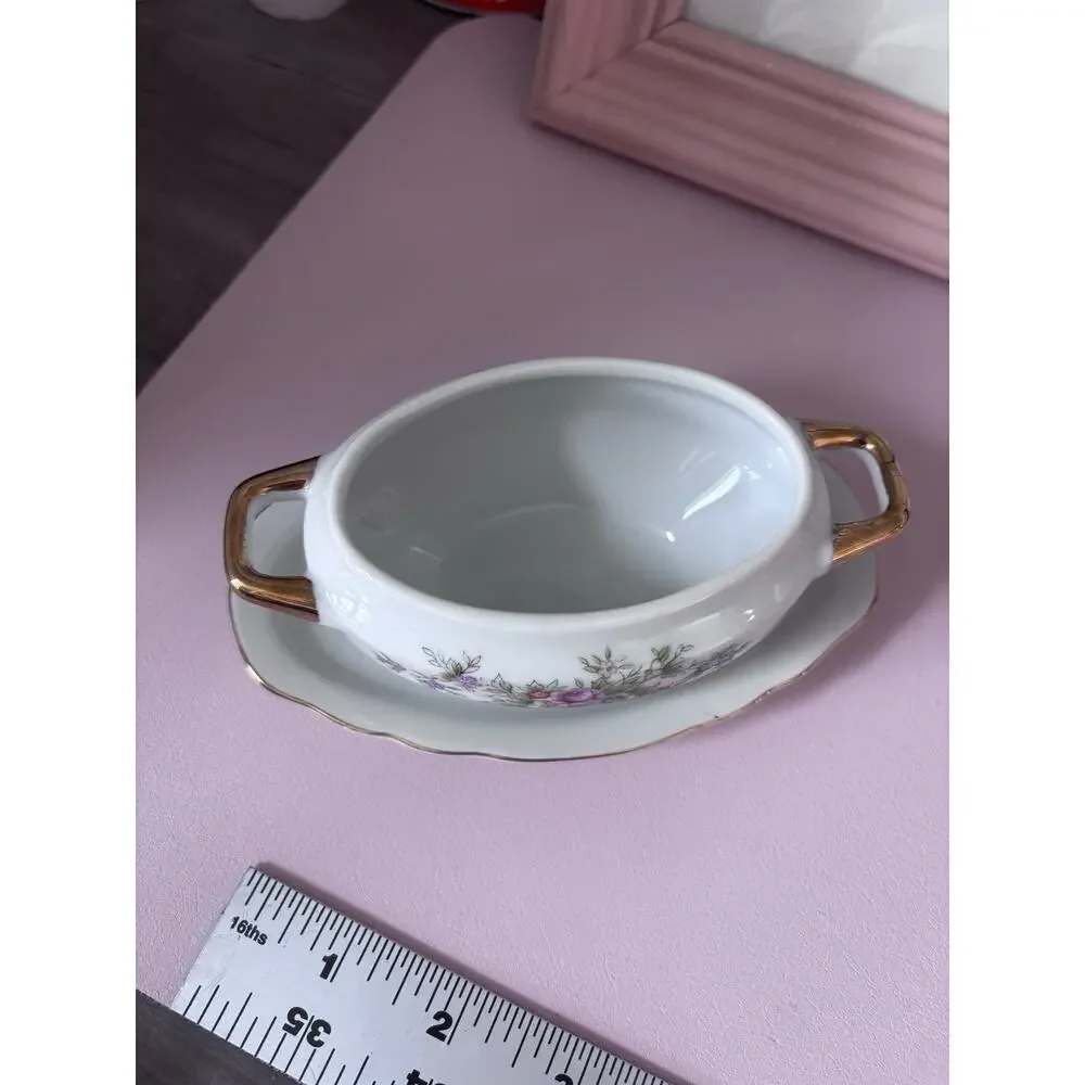 Vtg Lefton China hand painted Sugar Bowl Lid & Attached Underplate Cottage